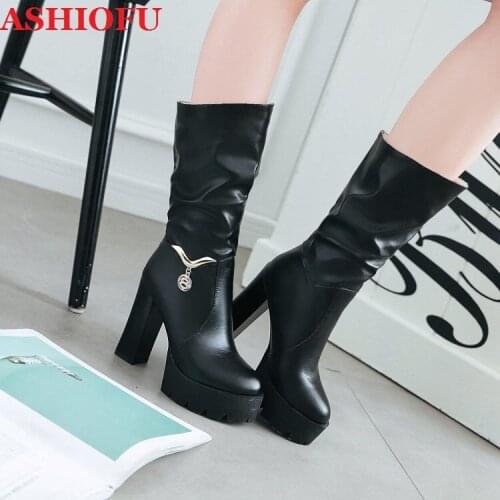 ASHIOFU Wholesale Handmade Ladies Thick Heels Boots Thick-soles Mid-calf Party Prom Boots Evening Winter Fashion Boots Shoes