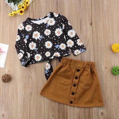 2-6Y kids Girls Clothing Sets 2020 Summer spring Kids Clothes Sunflower Print Elastic Long Sleeve + Button Short Skirt Outfits