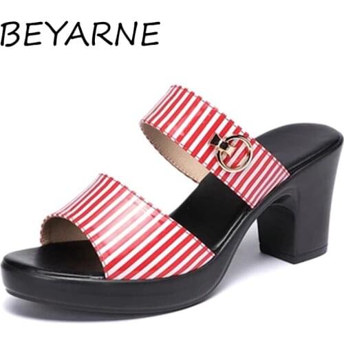 BEYARNE Womens Slippers Sandals 2021 Summer High Heels Patent Leather Women Shoes Woman Slippers Summer Sandals Fashion Shoes