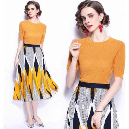 2021 Summer New Fashion Women Short-Sleeved Knit T-Shirt + Geometric Print High Waist Long Skirt Two Piece Set Ladies Outfits