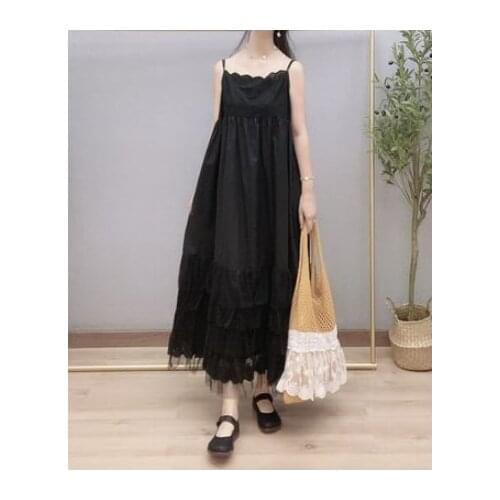 2021 New Mori Girl Cotton Embroidery Lace Splicing Long Sling Dress Women Loose Sleeveless Dress