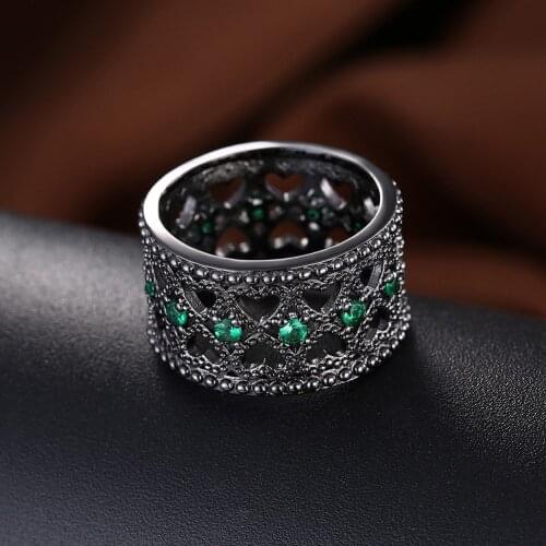 Black Gun Plated Green Stone Ring Fashion Party Womens Ring Heart-shaped hollow AR2056