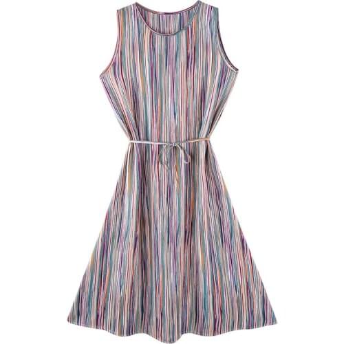 Neatie kiddie 2019 Fashion Women Color Stripe Print A-line Knee-length Dresses O-Neck Sleeveless Elegant Bohemian Beach Vestidos