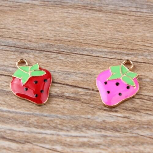 10pcs/lot New Arrival Cute Gold Tone All Enamel Strawberry Charms Pendants For Jewelry Making