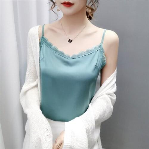 2021 Lace Top Women Halter V Neck Basic White Cami Sleeveless Satin Silk Tank Tops Women Summer Camisole Plus Size Shirts Green