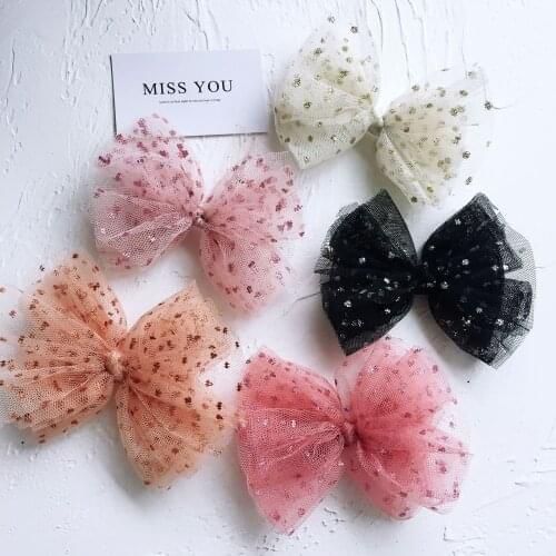 11cm 5pcs/lot Hand - dusted sequined gauze bow padded applique for clothes and hair accessories