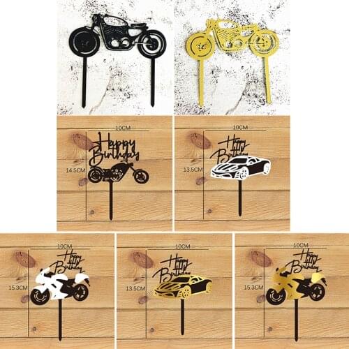 Car Motorcycle Happy Birthday Cake Topper Acrylic Gold Motorbike Cupcake Topper for Kids Birthday Party Cake Decoration Supplies