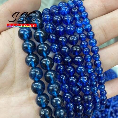 Natural Dark Blue Crackle Crystal Stone Beads Blue Quartz Round Loose Beads 15" Strand 6 8 10 12 MM for Jewelry Making Wholesale