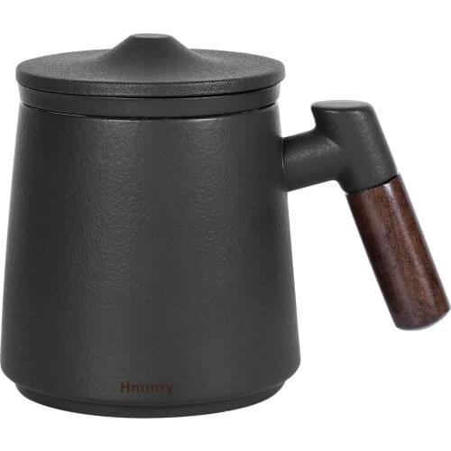 Tea Mug with Sandalwood handle, Hmmry Ceramic Tea Cup, Porcelain Tea Mug with Infuser and Lid for Hot Tea or Coffee, 13.5 oz