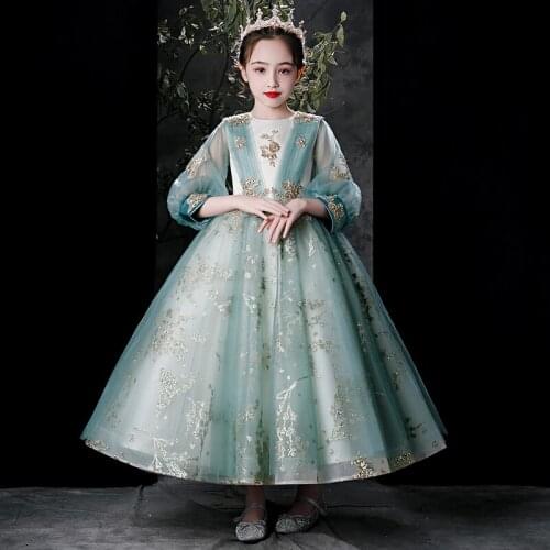 Flower Girl Dresses Illusion O-Neck Sequined Princess Floor-Length Tulle Lace Full Beading Embroidery Pleat Kids Party Gown H242