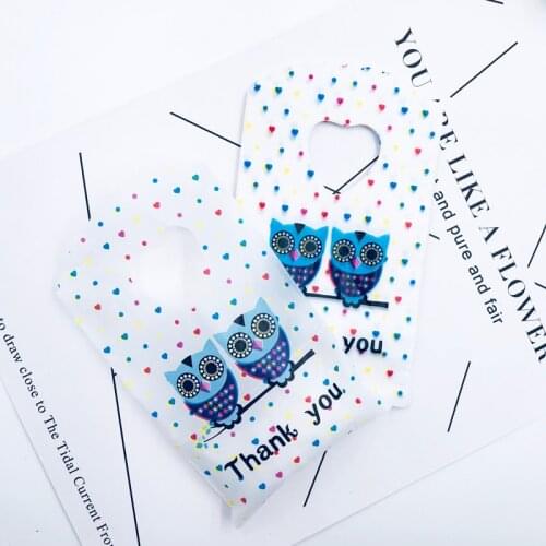Purple Blue Owl Jewelry Boutique Gift Bag With Handles Colorful Heart Print Gift Packaging Pouches Plastic Bag With Handle Lot