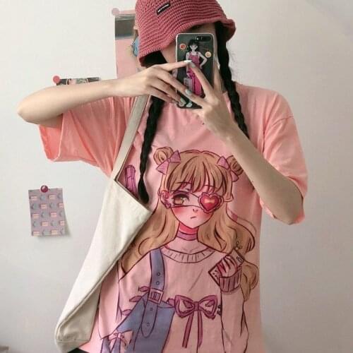 Casual Alternative Clothing Cartoon Print Short Sleeve Anime Tshirt Oversize Fashion Kawai Emo Tee Shirt Grunge Women Clothes
