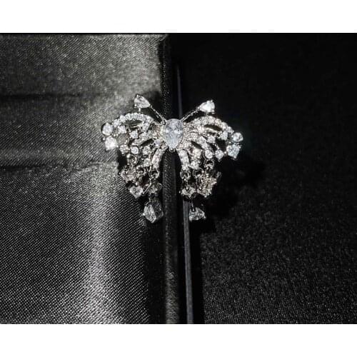 Fashion Elegant Butterfly Rings Hanging Crystal Zircon S925 Open Ring Womens Wedding Party Luxury Charm Jewelry Couple Gift