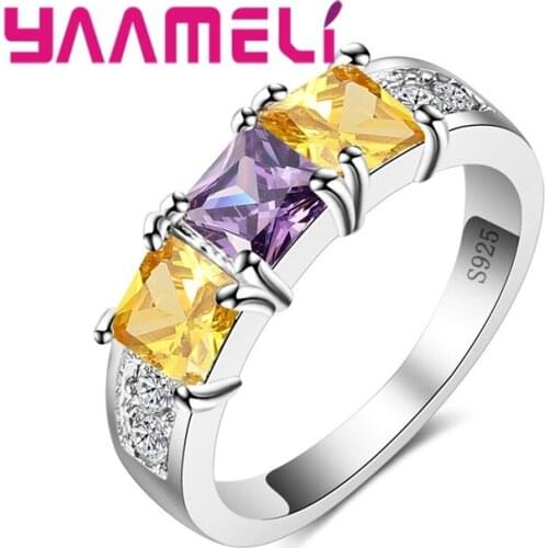 Trendy 925 Sterling Silver Luxury Blue Yellow&Purple Zircon Ring Multicolor Womens Valentines Day Gifts for Female