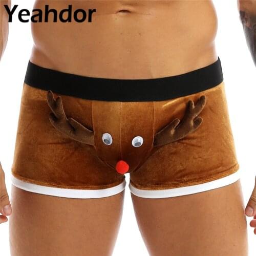 Men Christmas Boxer Brief Underwear Elastic Waistband Elk Decora Bulge Pouch Shorts Homme Holiday Lingerie Santa Claus Costume