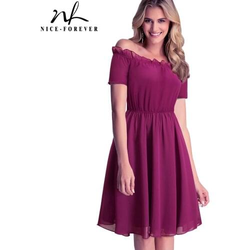 Nice-forever Summer Women Elegant Chiffon Off-Shoulder Dresses Casual Flare Swing Dress btyA035