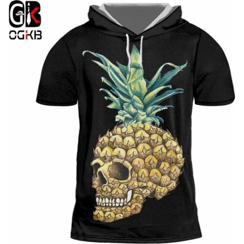 OGKB Summer Tops Hiphop Short Sleeve Hoodie Pullovers Men/Womens Funny Print Pineapple Skull 3d Tshirt With Hood Casual T-shirts