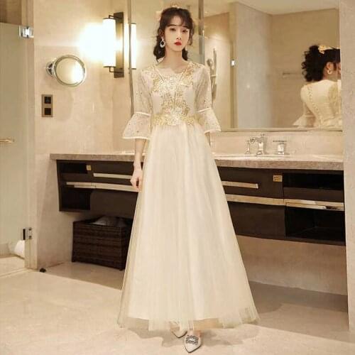 Bridesmaids Dresses Illusion Half V-Neck Tulle Lace Floor-Length A-Line Embroidery Sequined Pearls Women Wedding Party Gown E646