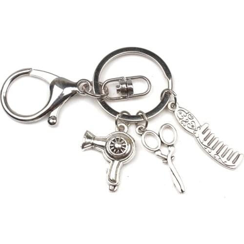 New Fashion Hair Gift Necklace Key Chain Retro Jewelry Mini Hairdress Scissors Hair Dryer Comb Pendant Key Chain Handmade Gift