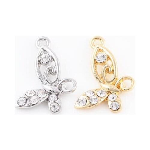 20PCS/lot 20x28mm (Gold,Silver Color) Rhinestones Butterfly Hang Pendant Charms DIY Accessory Fit For Floating Locket Jewelrys