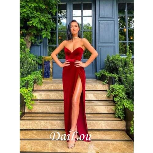 A-Line Sexy Strapless Burgundy Red Sweetheart Velvet Split FrontFloor-length Prom Dress 2021