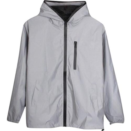Unisex Long Sleeve Zipper Reflective Jacket Hooded Windbreaker Streetwear Coat