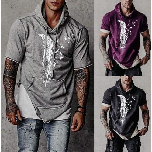 Sweatshirts Men Hoodies Feather Print Hooded Short-sleeve Tops Men New Casual Fashion Short-sleeve Tops Plus Size Streetwear