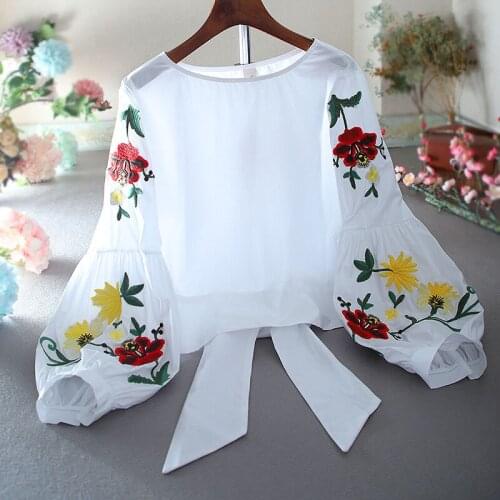 Vintage Embroidery Women Blouse Summer New 2021 O-Neck Lantern Sleeved Flower Bandage Office Lady Pulls Outwear Tops