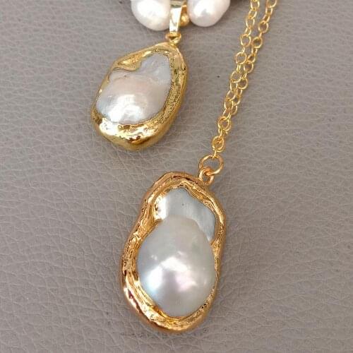 YYGEM 19'' White Cultured Rice Pearl Gold plated Chain statement Necklace White Keshi Pearl Pendant necklace