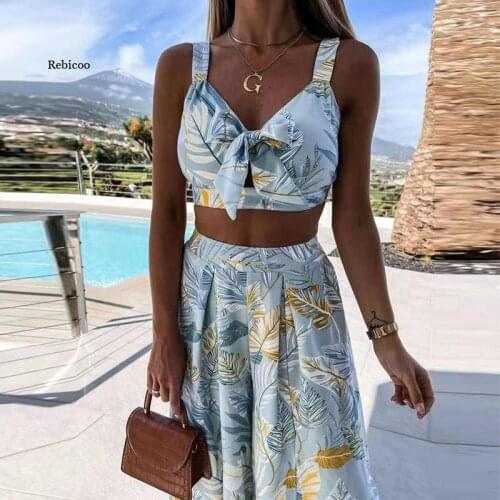 Female Fashion Elegant Print 2 Piece Sets Summer Women Sexy Sleeveless Bandage Lady Crop Tops And Slit Wide Leg Pants Suits