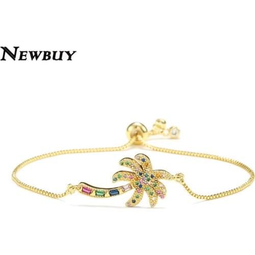 NEWBUY Rainbow CZ Zirconia Coconut Tree Charm Bracelet For Women Girl Bohemian Style Gold Chain Bracelet Adjustable Jewelry Gift