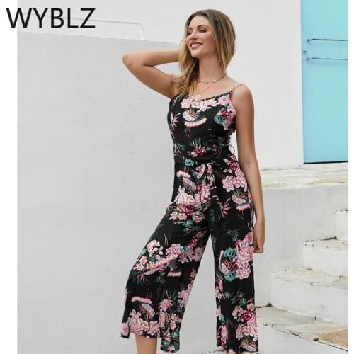 WYBLZ Summer Floral Women Jumpsuit Elegant Boho Vintage Tropical Wide Split Leg Rompers Casual Beach Sea Vacation Korean 2021