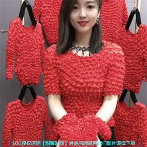 Womens top new net red pleated short-sleeved magic shirt pineapple shirt bubble shirt crumpled all-match T-shirt women