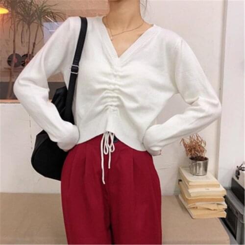 2021 Cropped Sweaters Women Spring Fall Lace-up V-neck Design Solid Ladies Knitwear All-match Trendy Preppy Femme Sweater Simple