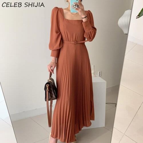 Elegant Square Collar Dresses Woman with Sashes Lantern Sleeve High Waist Pleated Dress Woman Clothing Korean Maxi Dress Female