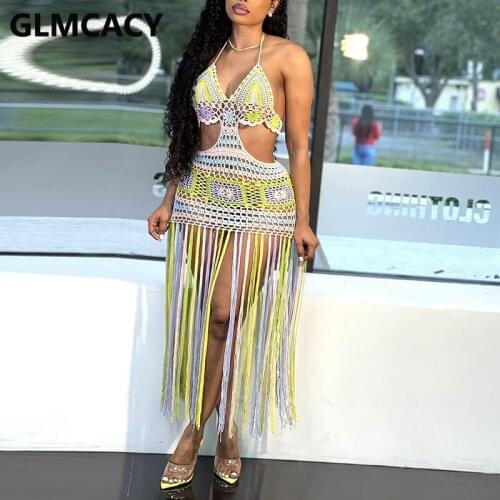 Women Halter Knitted Summer Beack Dress Tassels Sexu Party Dress
