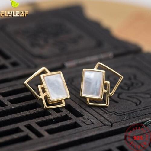 18k Gold Geometric Square Shell Stud Earrings For Women 925 Sterling Silver Chinese Style Female Vintage Jewelry