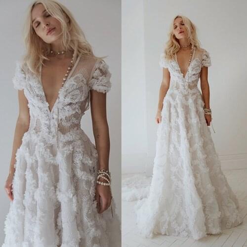 2020 Beach Wedding Dresses Deep V Neck A Line Sweep Train Ruffles Beading Robe De Mariee Customize Bohemian Bridal Gowns