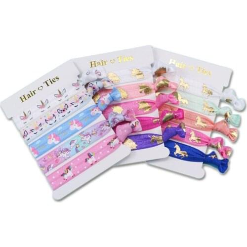 50cards/lot Cute Unicorn Gold Foil Fold Over Elastic Headband Printed FOE Knotted Hair Tie Ponytail Holders For Girls