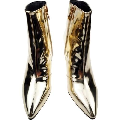 Stylish Ladies Golden Size Zippers Ankle Boots For Womens Pointy Toe Shiny Sexy Patent Leather Stilettos Thick Heels Shoes Silve