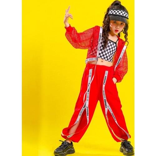 Kid Hip Hop Clothing Hoodie Crop Top Long Sleeve Net Jacket Tank Vest Loose Split Pants for Girl Jazz Dance Costume Clothes Wear