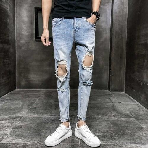 Spring and summer 2021 Korean big holes jeans trendy mens personality Slim feet pants casual street hip hop beggar pencil pants