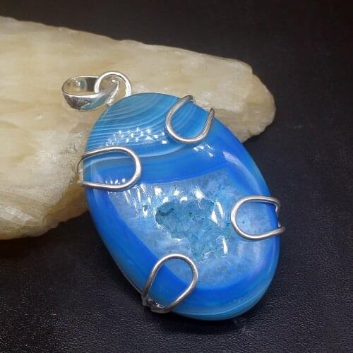 Gemstonefactory Jewelry Big Promotion 925 Silver Natural Solitaire Blue Druzy Women Ladies Gifts Necklace Pendant 0803