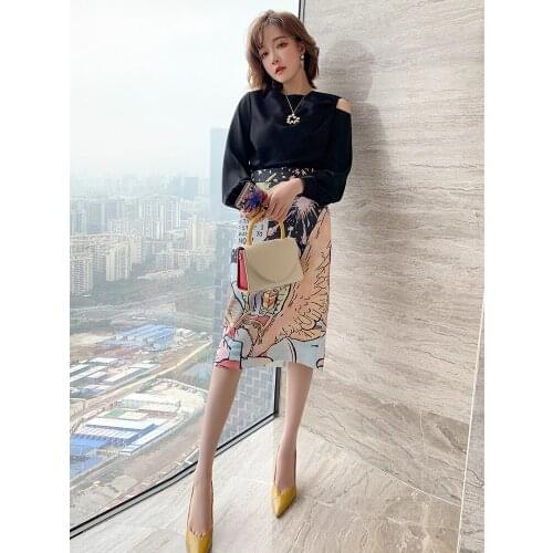 Artistic fashion print high waist slim one step skirt versatile half skirt womens wear2020Spring new High Quality Top Quality