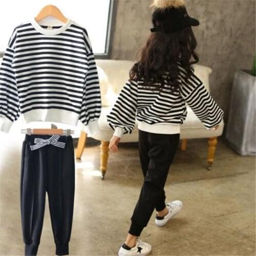 2pcs Girls Long Sleeve Stripe Outfit Toddler Kids Striped T-shirt Tops+Pants Trousers Outfits Clothing Set