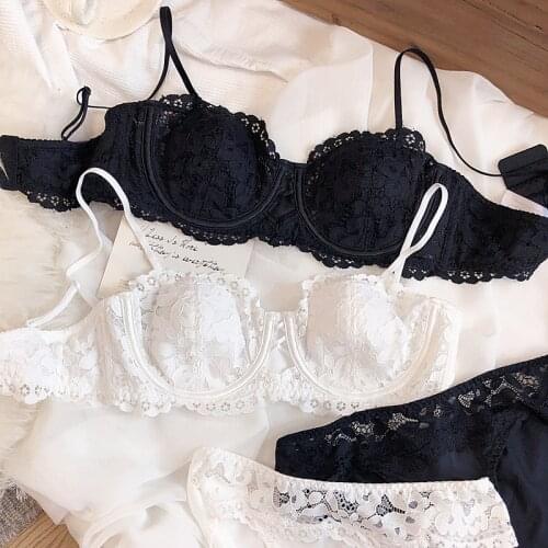 French full floral lace thin cotton ABC cup push up bra and panty set 1/2 cup white black women sexy underwear girls intiemates