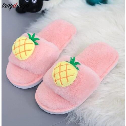 Fur slides women House Slippers winter furry slippers apple pineapple Warm Shoes Woman Slip on Flats Slides cozy pink fur slide