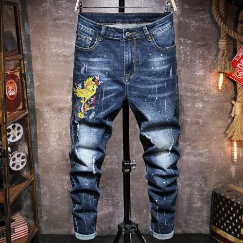 Spring new mens jeans Chinese style embroidery pattern phoenix Washed ink design personalized embroidery mens slim jeans