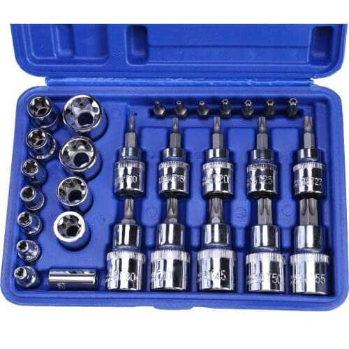 29PC Torx Star Socket Set & Bit Male Female E & T Sockets Mechanics Security Wrench Repair Tools Adapter Household Accessories