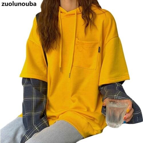 2020 Autumn New Loose Casual Female Pullover Fashion Plaid Stitching Fake Two-piece Commuter Solid Color Mid-length Women Hoodie